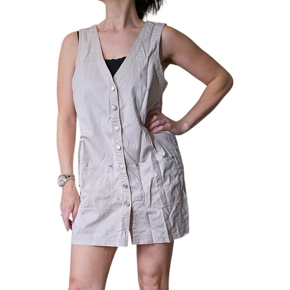 90s Y2K Khaki Summer Dress Short Button Down Sz 6 8 Sleeveless Twill Cotton‎